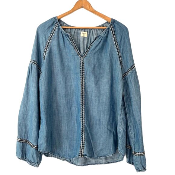 Gap 1969 Chambray Denim Peasant Top Medium Embroidered Seams Boho - Picture 3 of 9